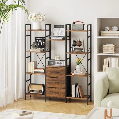 Industrial Rustic 47 Inch Wide Bookcase With Ten Display Shelves And Hidden Fabric Drawers in living room setup