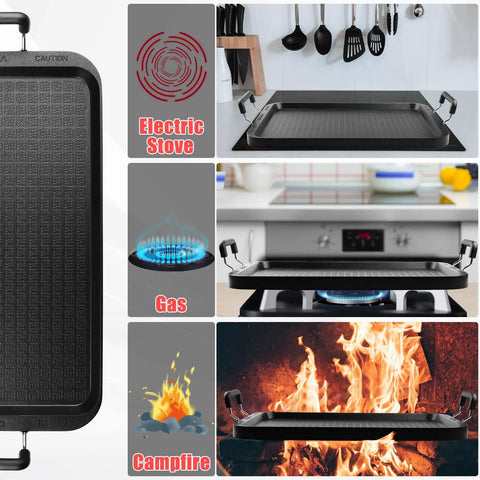 Double Burner Griddle Pan With Glass Lid For Gas And Electric Stovetops shown on electric, gas, and campfire setups