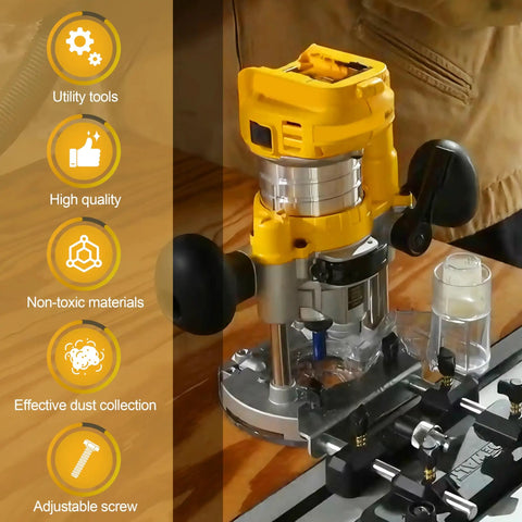 DNP616 Dust Collection Adapter for plunge base routers installed on a DWP611 compact router, clear plastic, connected to hose