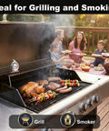 Pro Grade Must Have Oven Thermometer For Gas And Electric Ovens With 100F To 600F Range on a grill showing temperature.