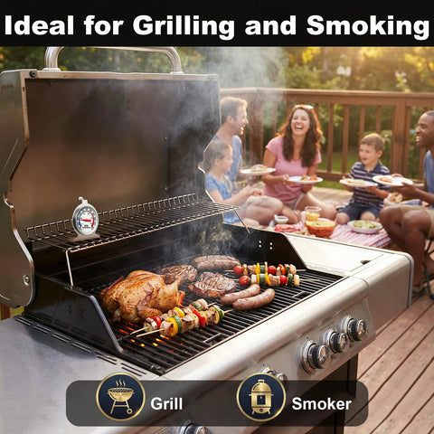 Pro Grade Must Have Oven Thermometer For Gas And Electric Ovens With 100F To 600F Range on a grill showing temperature.