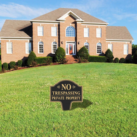 Hefty No Trespassing Signs 2 Pack Private Property Stakes in lawn by house, 14x10 inch rust proof aluminum, weatherproof.