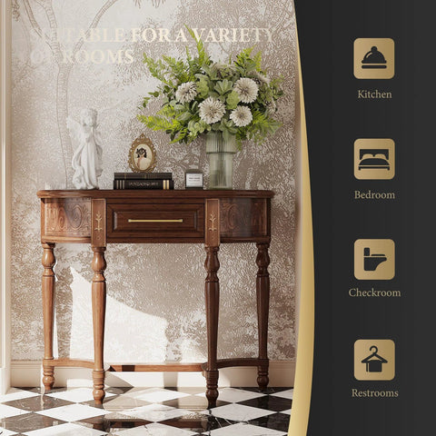 Elegant hallway table with floral arrangement and decor in a room suitable for kitchen, bedroom, checkroom, or restrooms.