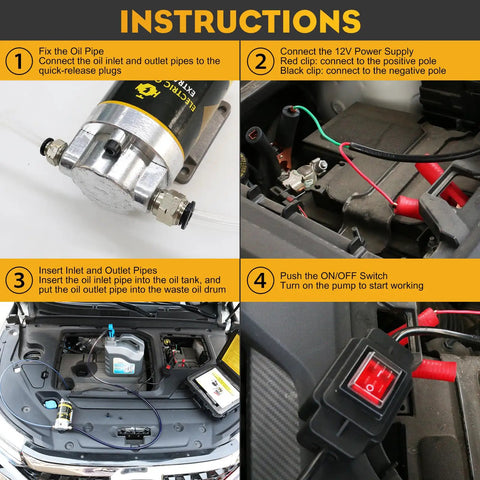 Electric Oil Change Pump 12V 100W Kit With Portable Case setup instructions and component connections in use