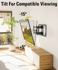 Heavy Duty Full Motion TV Wall Mount For 32 To 70 Inch Sets Up To 99 Lbs showing tilt adjustment options at +5° and -15°.