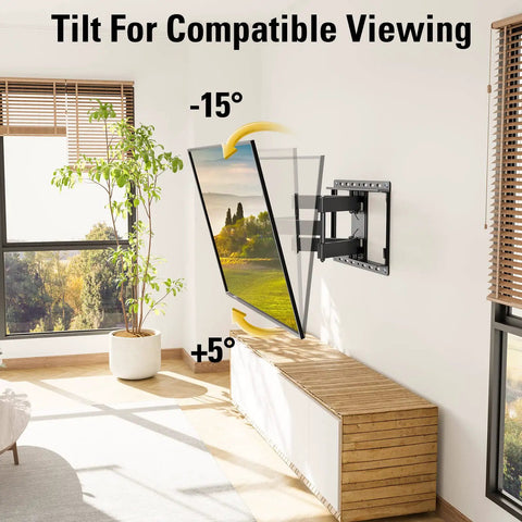 Heavy Duty Full Motion TV Wall Mount For 32 To 70 Inch Sets Up To 99 Lbs showing tilt adjustment options at +5° and -15°.