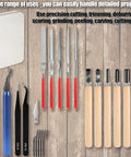 Miluosong 25-piece precision deburring and carving tool set with craft knives, hand files and wood chisels in a case.