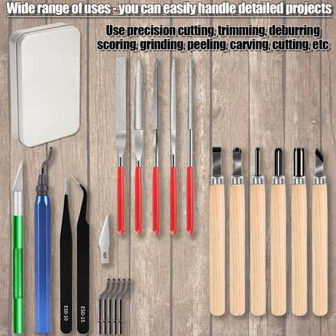 Miluosong 25-piece precision deburring and carving tool set with craft knives, hand files and wood chisels in a case.