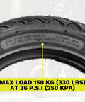 Close-up of Tubeless 3.0-10 E-Bike Tire Kit with load capacity marking, puncture-resistant 4PR tire for urban pavement, no inner tube needed.