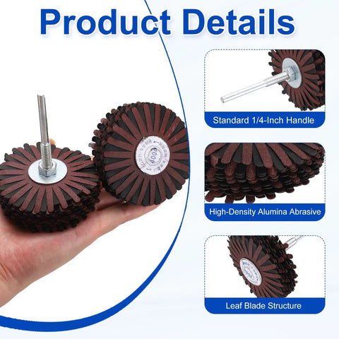 Heavy Duty Abrasive Flap Wheel 3 2 Inch Diameter With Quarter Inch Shank For Smoother Finishing And Fast Material Removal In 150 Grit Aluminum Oxide, showing high-density alumina design.