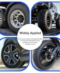 Automotive tires and wheels collage: truck tire with chrome rim, off-road tire, car alloy wheel, and motorcycle disc-brake wheel