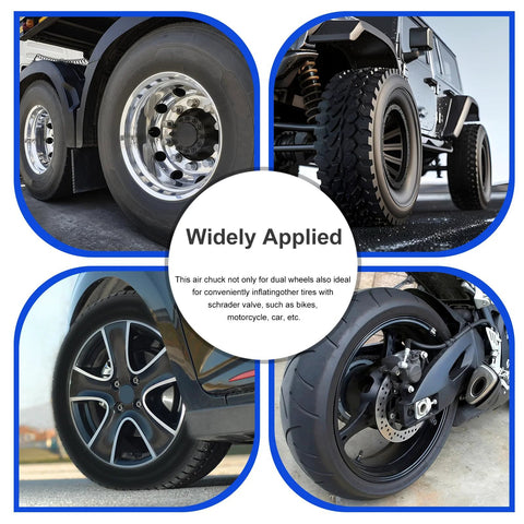 Automotive tires and wheels collage: truck tire with chrome rim, off-road tire, car alloy wheel, and motorcycle disc-brake wheel