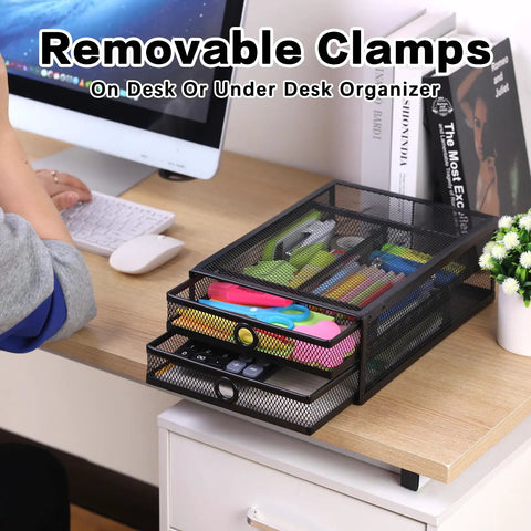 Under Desk And Desktop Drawer Organizer With 2 Tier Metal Slide Out Drawers In Black on desktop with stationery inside.