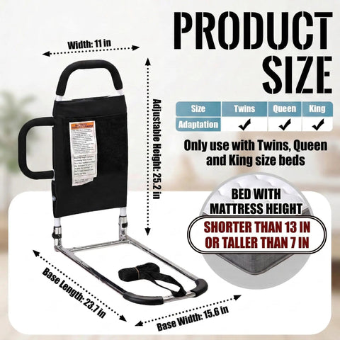 Dual Handle Bed Rail for Seniors With Padded Grips, Storage Pocket, 300 Lbs Capacity, fits Twin Queen King beds, dimensions guide