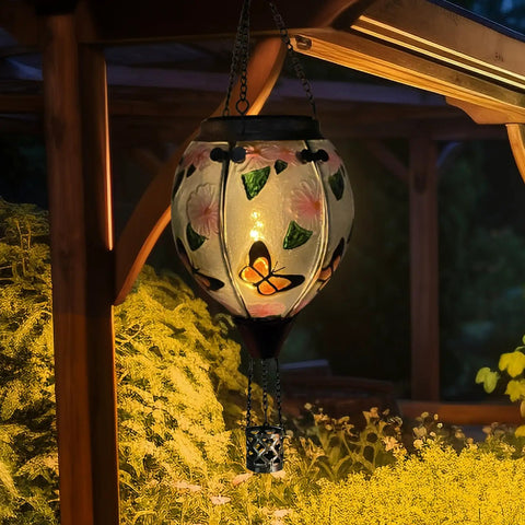 Hot Air Balloon Solar Lantern With Flickering Flame, glass hanging garden light, butterfly pattern, outdoor waterproof