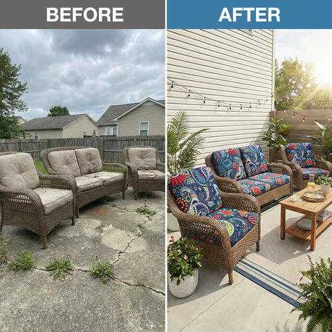 Before and after of outdoor patio furniture with paisley Outdoor Patio Cushion Covers 8 Pack Stretch Slipcovers For Sofa Cushions