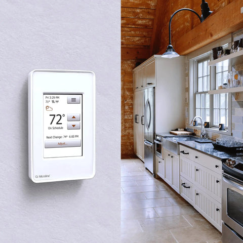 Ntrust Non Programmable Thermostat With Floor Sensor And Class A GFCI, large easy read display mounted in a rustic kitchen.
