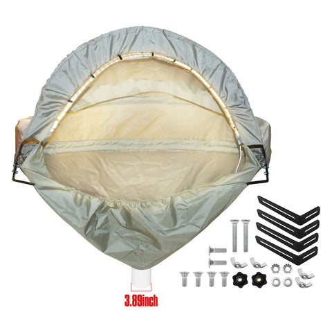 LED Lighted Dust Solution for Miter Saws with enclosure open, showing LED lights and 3.89 inch connection, includes setup parts