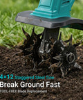 Close-up of the Cordless Brushless Garden Tiller Cultivator showing tines breaking soil, compatible with 18V battery, tool only.
