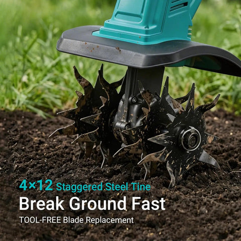 Close-up of the Cordless Brushless Garden Tiller Cultivator showing tines breaking soil, compatible with 18V battery, tool only.