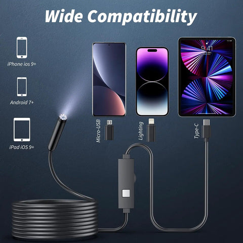1920P HD Endoscope Camera With Light And 8 Adjustable LEDs, semi-rigid 16.4ft cable with Micro-USB, Lightning, Type-C adapters