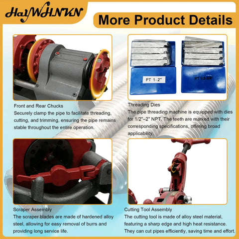 Kickass 110V Electric Pipe Threader Machine Cranks Out 1/2 To 2 Inch Npt Steel Copper Pipelines With Speedy Cutting Trimming Dies features front and rear chucks.