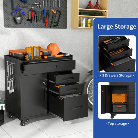 Heavy Duty 30 In Tool Storage Cabinet With Roll Through Lockable Casters, Garage Workshop Chest with 3 drawers and pegboard.