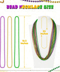 Mardi Gras Beads Necklaces 24 Pack, 33 Inch Round Beads In Green Purple Gold, displayed on mannequin with size details.