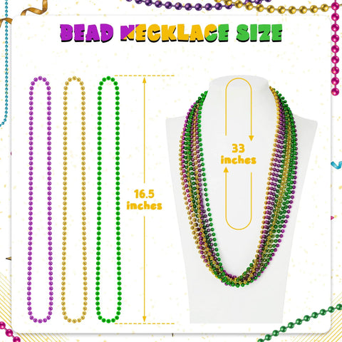 Mardi Gras Beads Necklaces 24 Pack, 33 Inch Round Beads In Green Purple Gold, displayed on mannequin with size details.