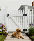 Heavy Duty Carbon Steel Fence Gate Latch for Wood and Vinyl Posts Black Powder Coated Post Mount Easy Install Includes Screws and Instructions for Rugged Outdoor Use and Long Lasting Security on white picket gate