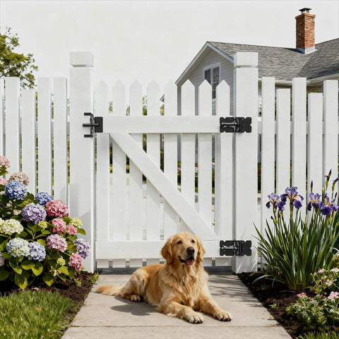 Heavy Duty Carbon Steel Fence Gate Latch for Wood and Vinyl Posts Black Powder Coated Post Mount Easy Install Includes Screws and Instructions for Rugged Outdoor Use and Long Lasting Security on white picket gate