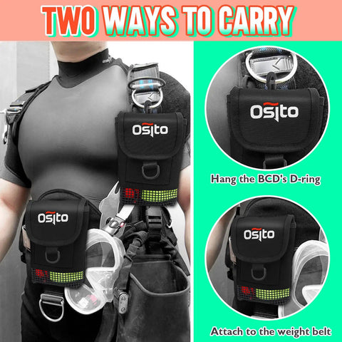 Compact Dive Mesh Gear Bag With Swivel Clip And D Ring attached to scuba diver's vest and weight belt, showing two carry options.