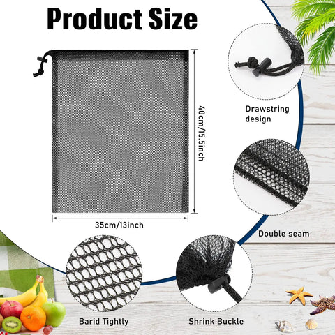 6 Pack Mesh Drawstring Bags For Swim Gear Scalloped Nylon Net 13 By 15.5 Inches Black And Navy Durable Storage For Beach Gear