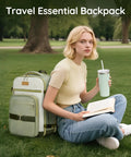 Woman sitting with Layover-Ready Underseat Travel Backpack For Airlines With 2 Packing Cubes, Dirt-Resistant 35L Personal Item Bag, Green