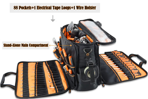 88 Pocket Electrician Tool Bag With 3 Large Compartments And 35L Capacity, Padded 17 Inch Laptop Sleeve, Built For Electricians, Technicians, HVAC Pros And Mobile Techs Who Need Serious Organization