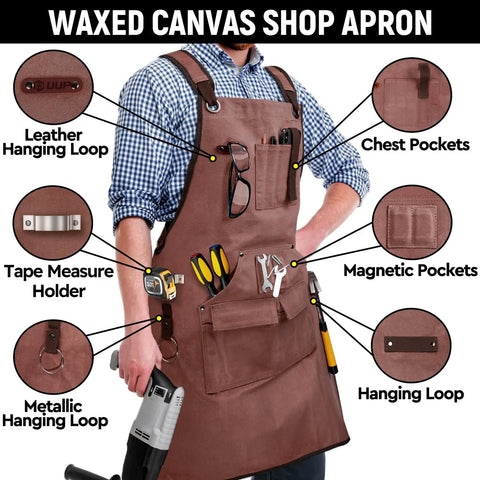 Mens Heavy Duty Canvas Shop Apron With Nine Deep Tool Pockets Water And Oil Resistant Pro Workhorse Gear Built Like A Tank For Woodworking And All Day Shop Tasks, featuring tool pockets and loops.