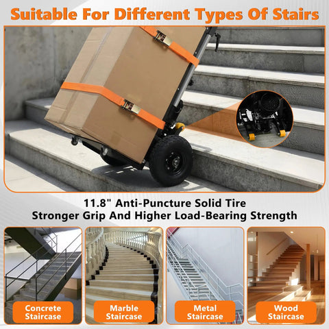 Heavy Duty Electric Stair Climbing Dolly 1500W Powered Hand Truck with 900 Lbs Capacity on concrete stairs with package.