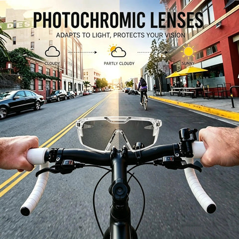 Top Shelf Photochromic Safety Glasses With UV400 Polarized Lenses For Kick Butt Glare Free Vision and Smooth Sun To Shade Adaptation Daily And Weekend Use on a bike handlebar in a sunny urban setting.