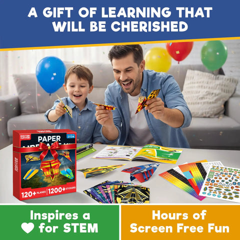Ultimate Paper Airplane Craft Kit For Kids Ages 4 And Up With 120 Planes Across 10 Designs To Build Fly And Experiment While Learning Flight Science Through Hands On STEM Fun, father and child with paper planes