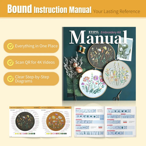 Embroidery manual with floral hoops from Beginner Embroidery Kit With Two Hoops, Four Floral Patterns, Includes 4K Video Tutorials And 11 Fundamental Stitches, Perfect For New Crafters To Learn Fast.