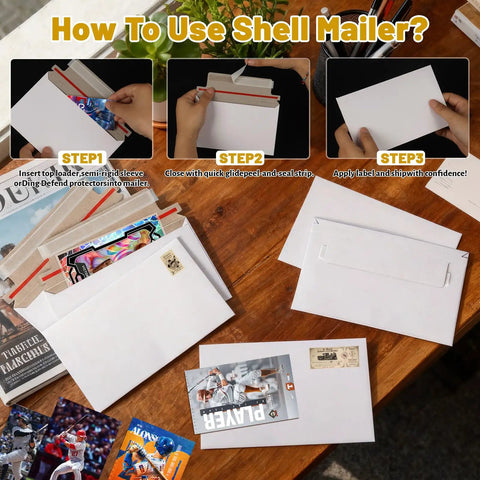 110 Pack White Trading Card Shipping Envelopes 7x4.35 Inch Self Adhesive Mailers for Semi-Rigid Sleeves on table