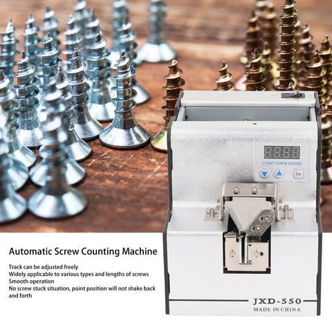 Heavy Duty Automatic Screw Feeder Machine with silver aluminum design, sorting M1.0 to M5.0 screws on a wooden background.