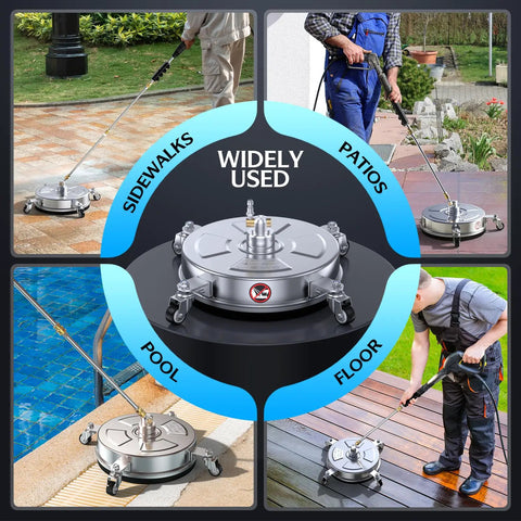Heavy Duty 4500 PSI Surface Cleaner For Pressure Washer With Stainless Steel Housing Dual High Pressure Jets shown in use on various surfaces