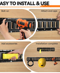 Installation process of Built Tough E Track Tie Down Rail Kit 88 Piece Set for garages, showing drill, end caps, and accessories.