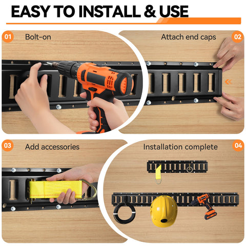 Installation process of Built Tough E Track Tie Down Rail Kit 88 Piece Set for garages, showing drill, end caps, and accessories.