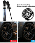 Armor Black Wheel Touch Up Paint Straight Up Easy Fix For Curb Scuffs On Tesla Model Y And Model S Crossflow Induction Alloys tube and before-after wheel repair images.