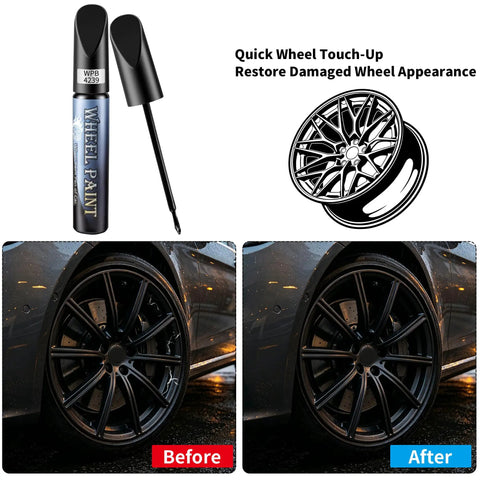 Armor Black Wheel Touch Up Paint Straight Up Easy Fix For Curb Scuffs On Tesla Model Y And Model S Crossflow Induction Alloys tube and before-after wheel repair images.