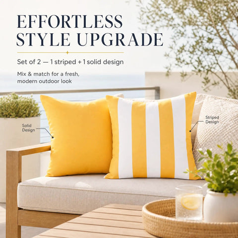 Outdoor Pillow Covers Set Of 2 18x18 Waterproof Throw Pillow Covers For Porch And Patio Furniture Decor Weather Resistant Cushions For Garden Balcony Backyard Seating with yellow striped and solid yellow designs on a patio chair.