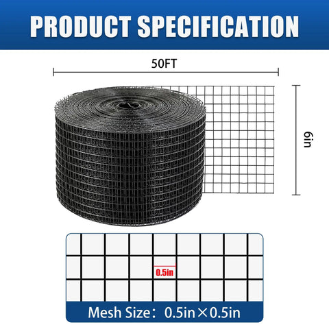 Solar Panel Bird Mesh Guard 6 Inch By 50 Foot Black PVC Coated Steel Netting Keeps Birds And Critters From Nesting Under Panels Built To Last One Half Inch Mesh roll with grid pattern specification