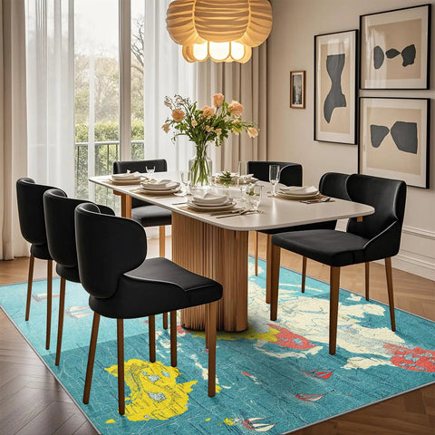 Dining room with 5x7 World Map Rug For Living Room And Bedroom With Ocean Sailboat Design, Washable Low Pile Non Slip Carpet